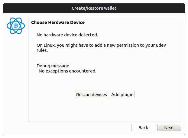 Electrum wallet creation wizard showing the Choose Hardware Device screen with Rescan devices and Add plugin buttons